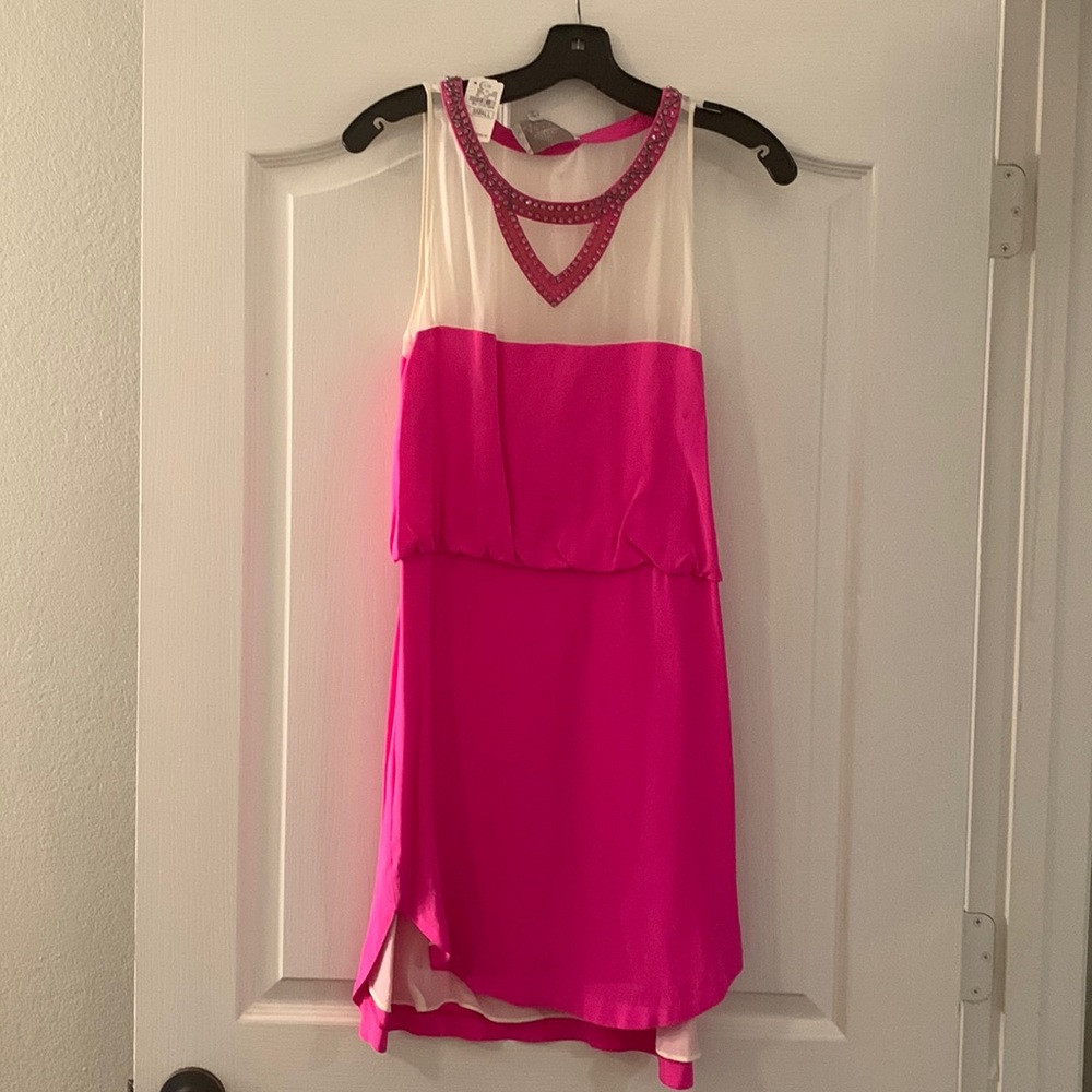 Madison Marcus hot pink dress with jeweled neck
